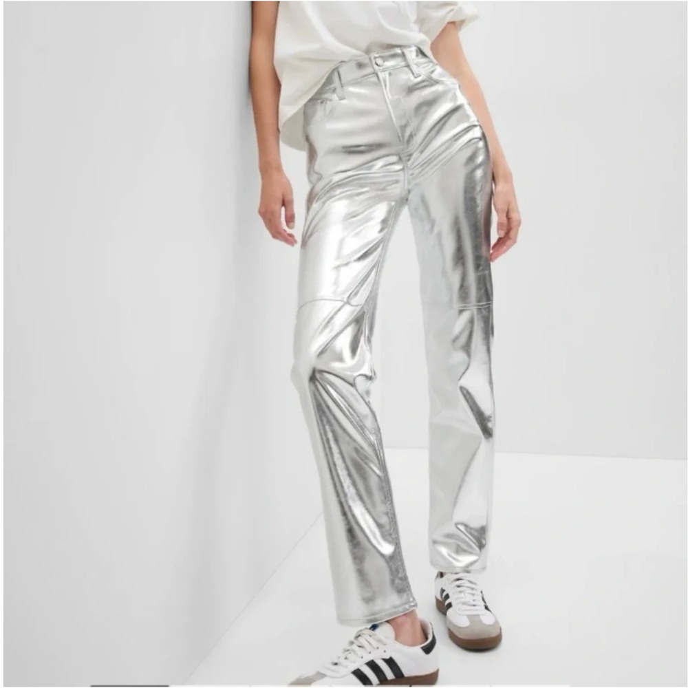Gap Cheeky Straight High Rise Metallic Silver Pants Womens Sz 27 4R Maximalism